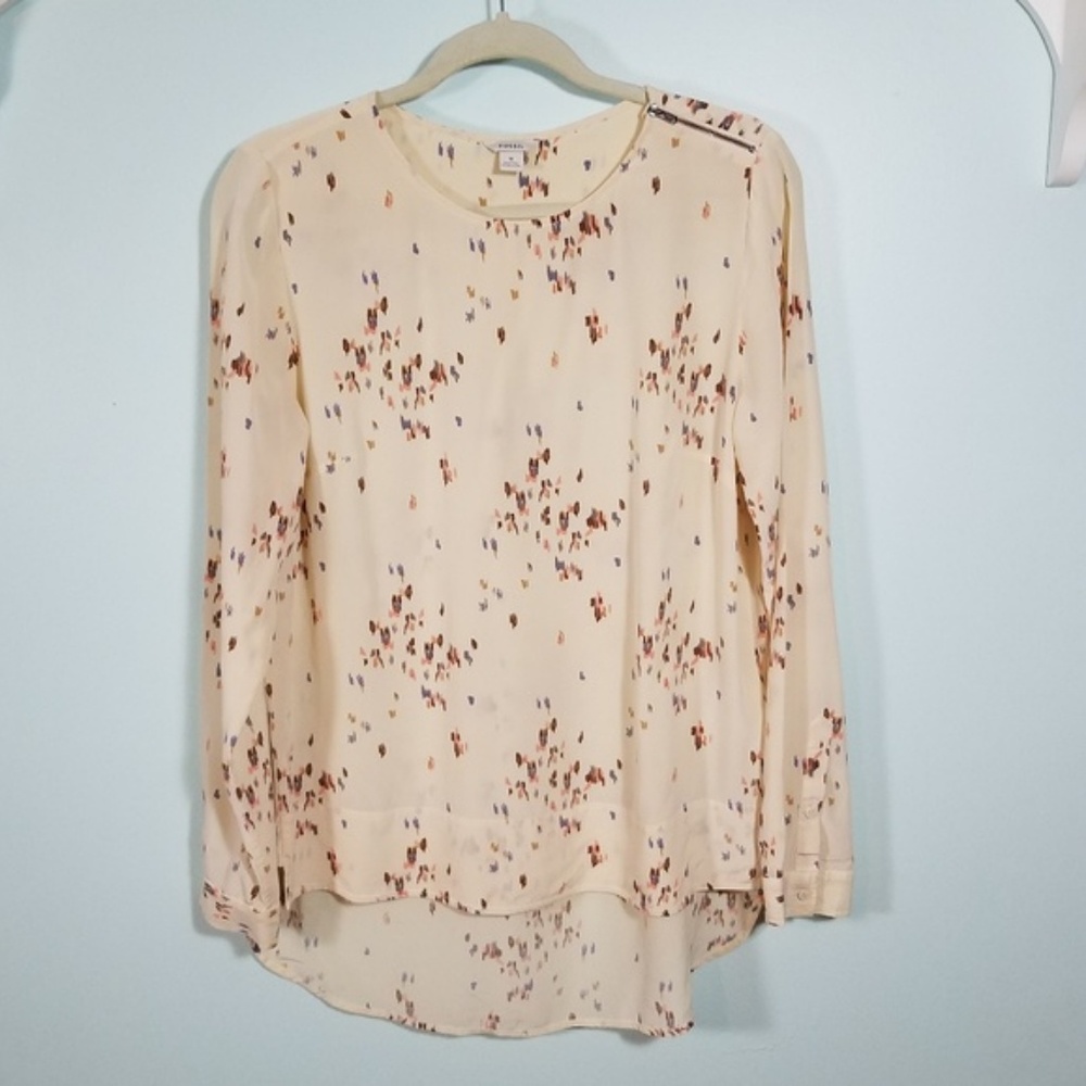Fossil Silk Printed Exposed Zip Hi Low Hem Blouse